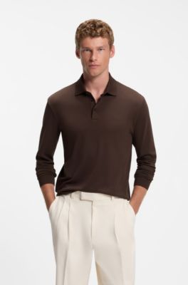 Polo de manga larga en algod&oacute;n interlock con logo, Marr&oacute;n oscuro
