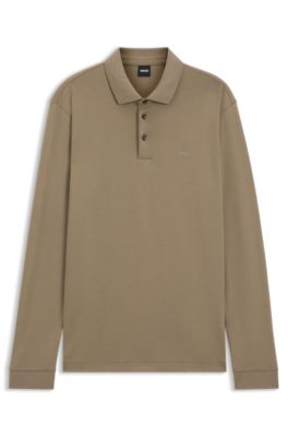Polo de manga larga en algod&oacute;n interlock con logo, Marr&oacute;n claro