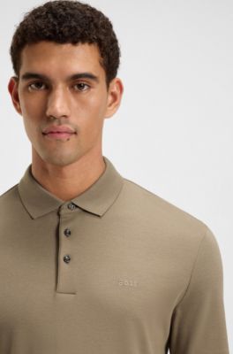 Polo de manga larga en algod&oacute;n interlock con logo, Marr&oacute;n claro