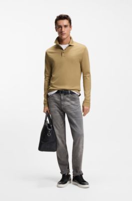 Long-sleeved polo shirt in interlock cotton with logo, Khaki