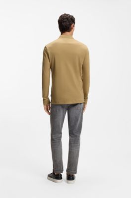 Polo &agrave; manches longues en coton interlock avec logo, Kaki