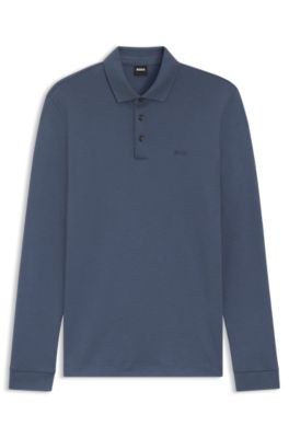 Long-sleeved polo shirt in interlock cotton with logo, Light Blue