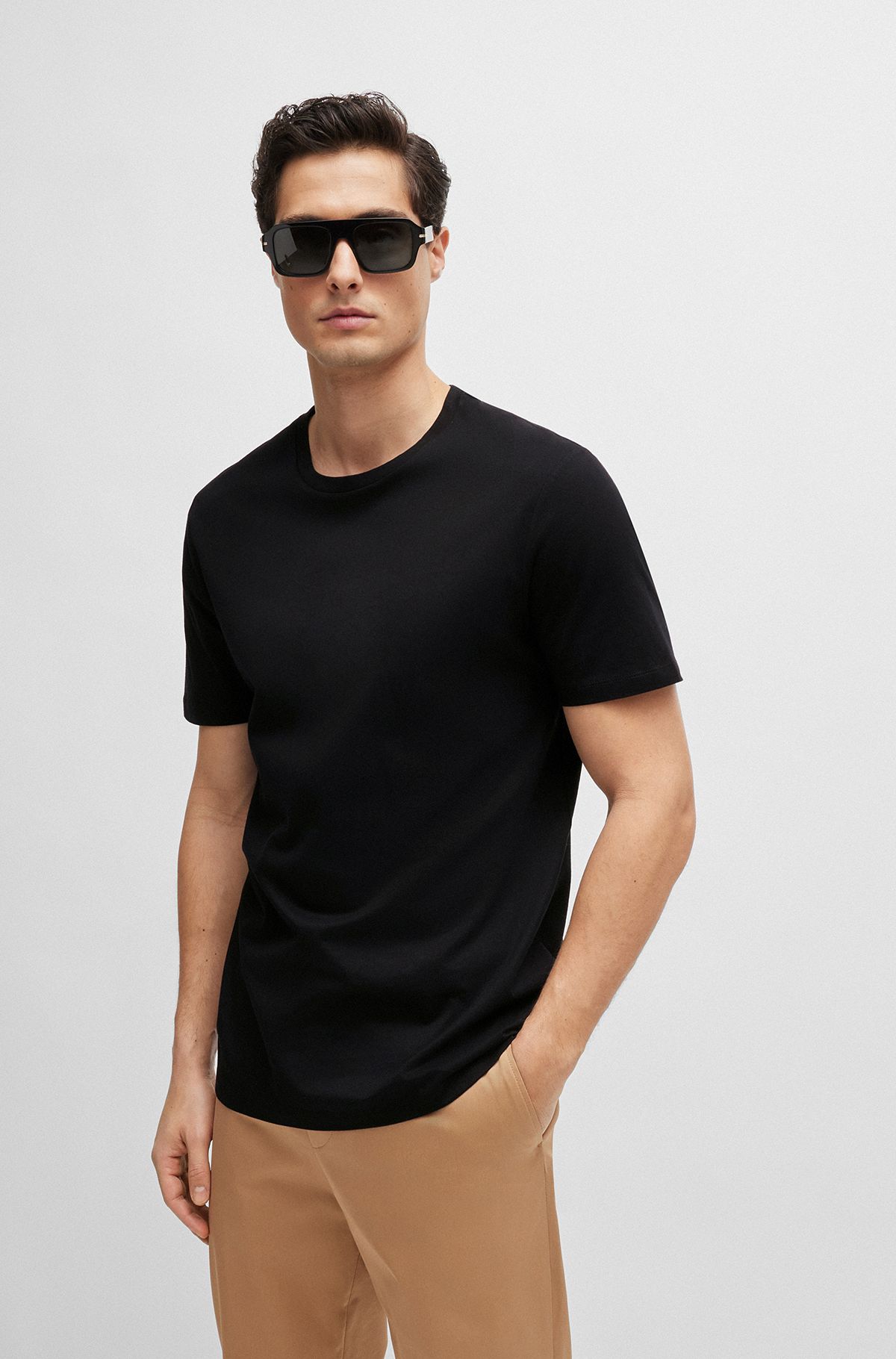 T-shirt Slim Fit à manches courtes en coton mercerisé, Noir