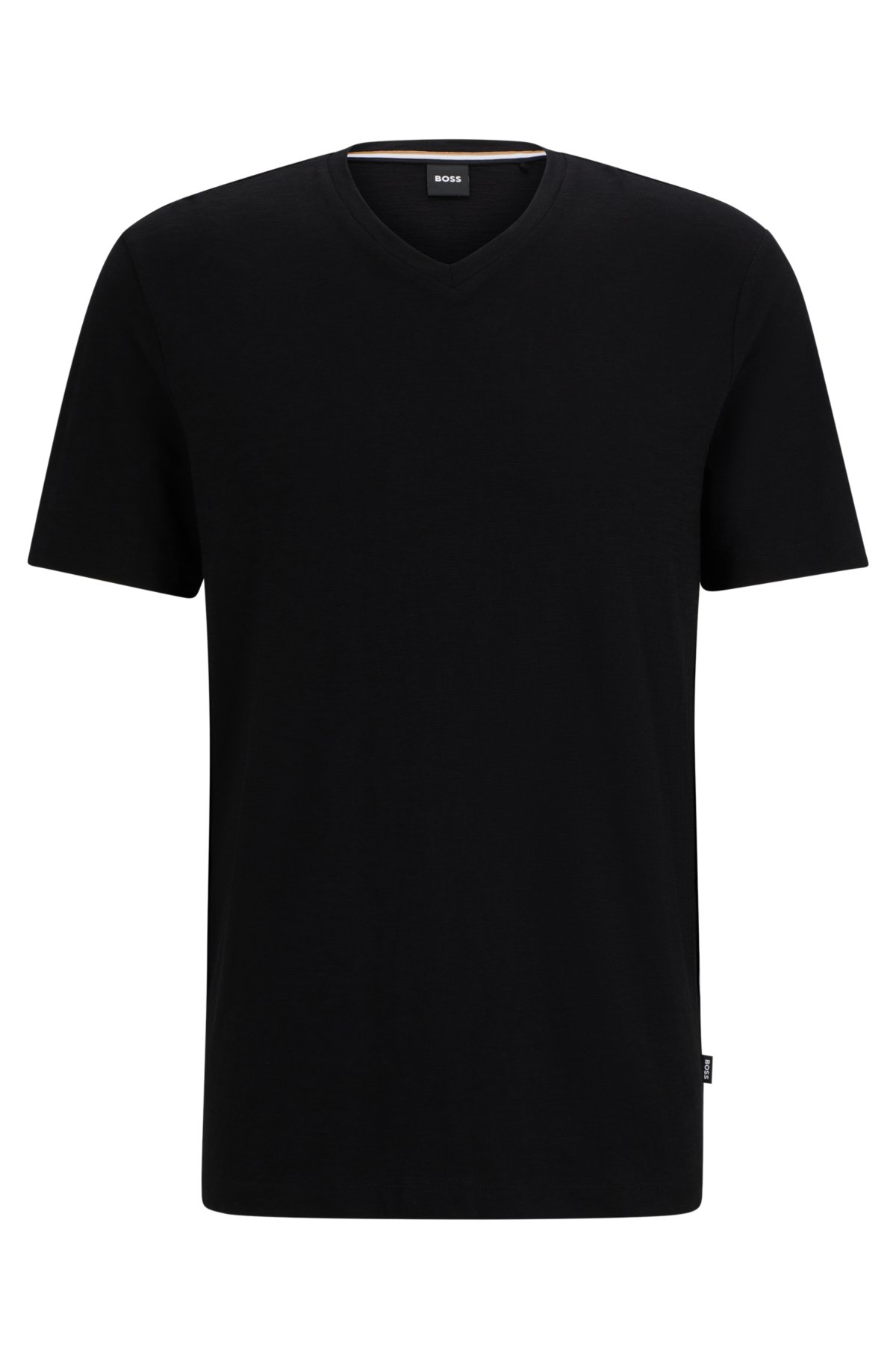 Mercerised-cotton regular-fit T-shirt with V neckline, Black