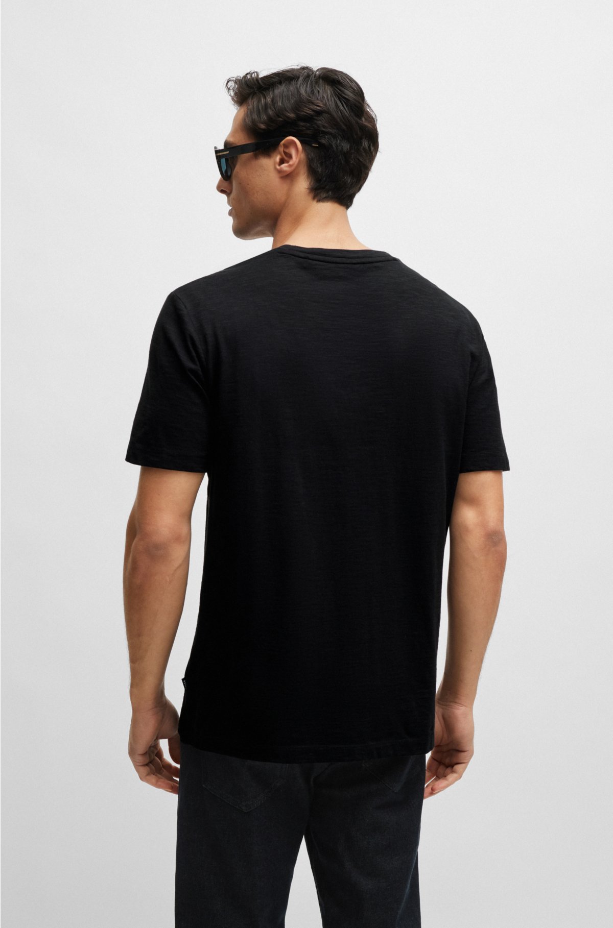 Mercerised-cotton regular-fit T-shirt with V neckline, Black