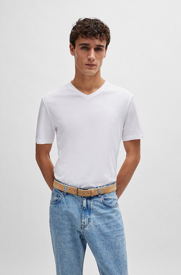 Camiseta slim fit de algodón mercerizado con cuello en pico, Blanco