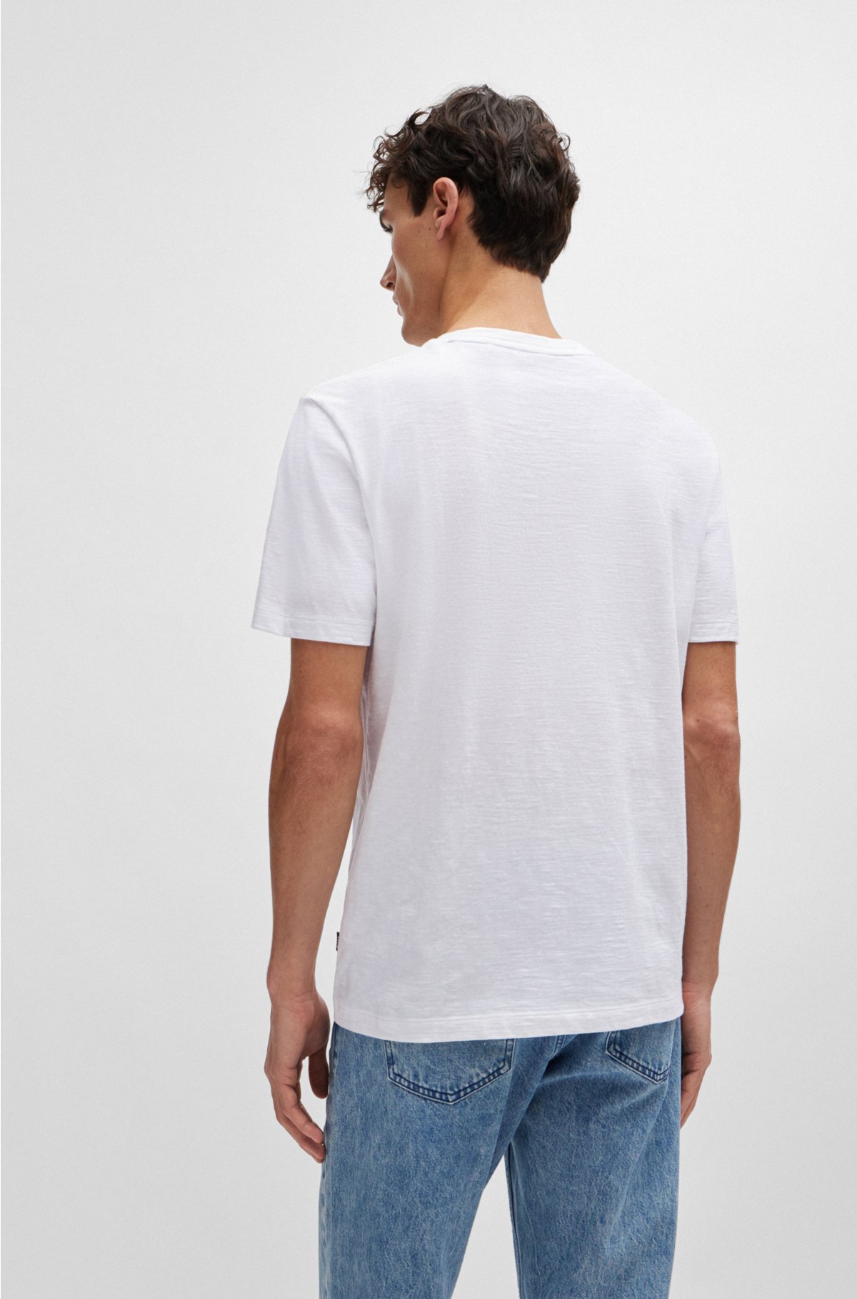Mercerised-cotton regular-fit T-shirt with V neckline, White