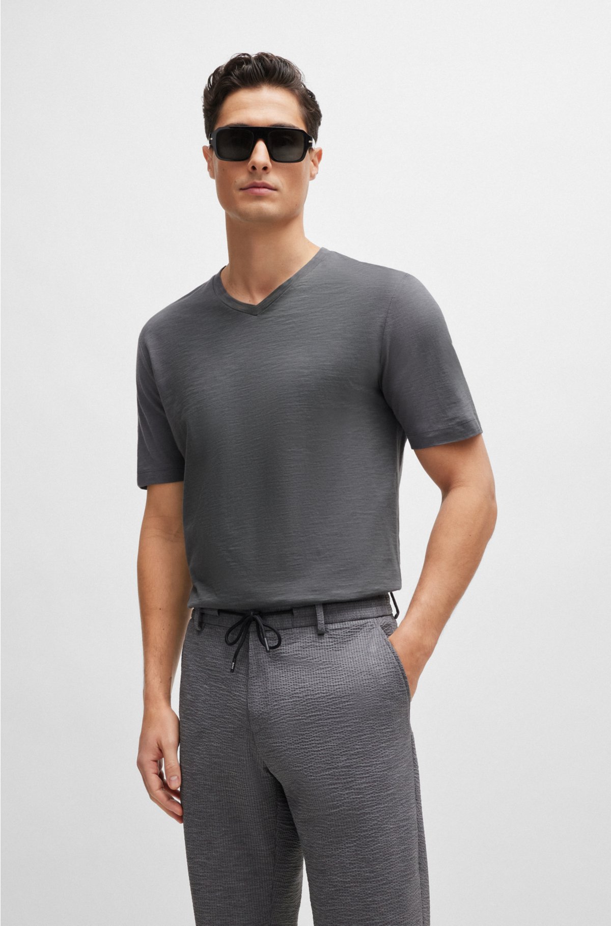 Mercerised-cotton regular-fit T-shirt with V neckline, Grey