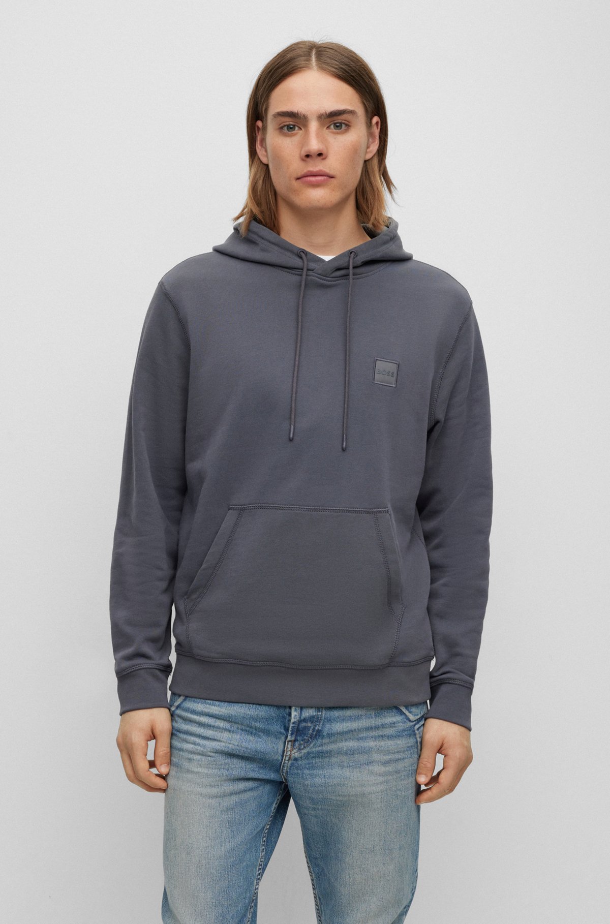 French-terry-cotton hooded sweatshirt with logo patch, Dark Grey