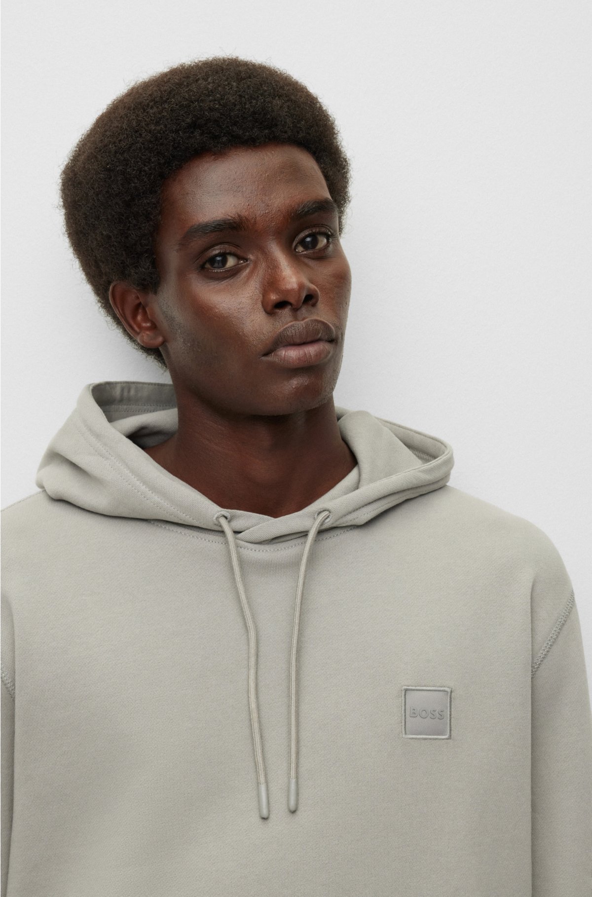 Cotton-terry hoodie with logo patch, Grey