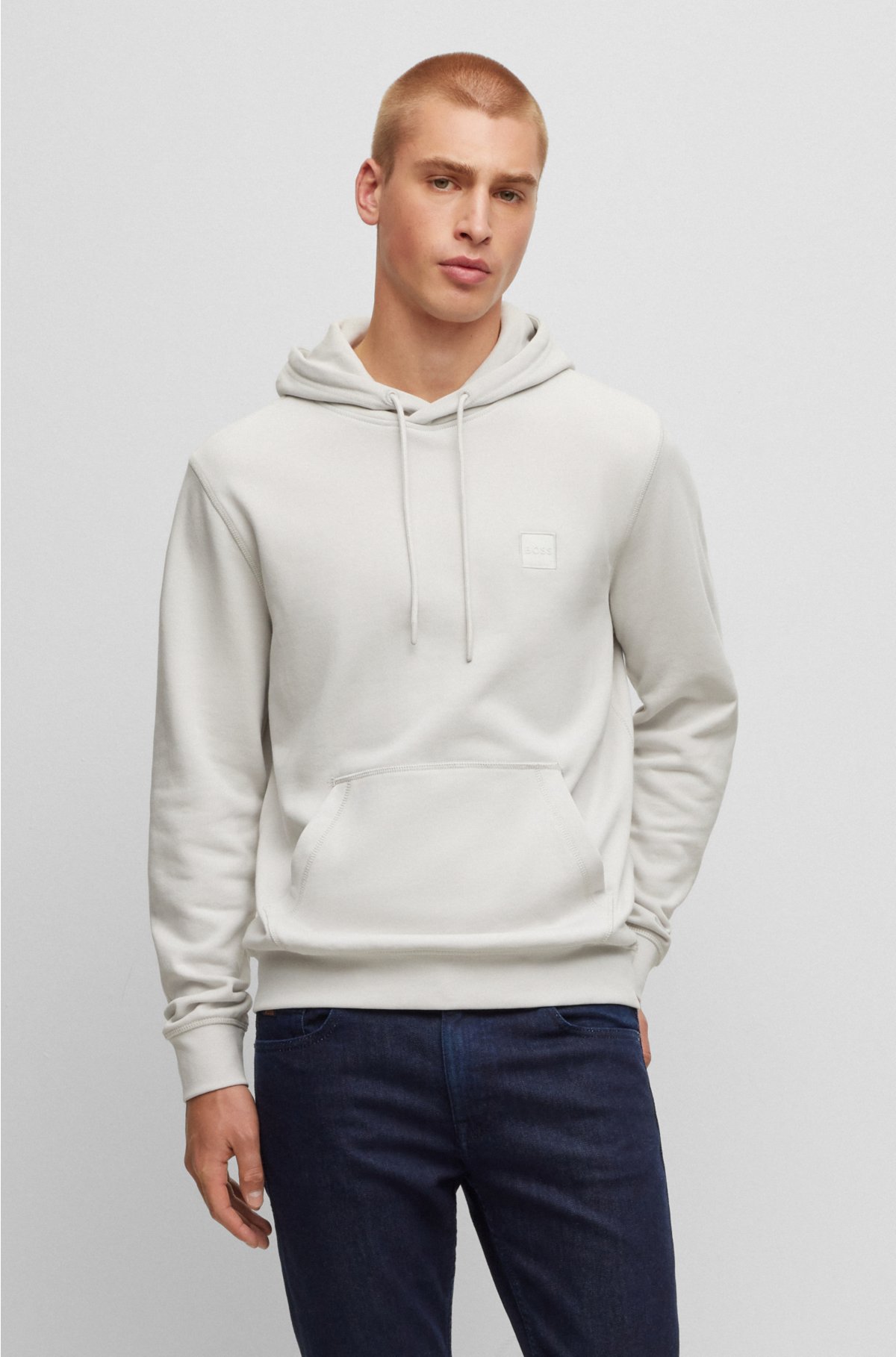 Cotton-terry hoodie with logo patch, Light Grey
