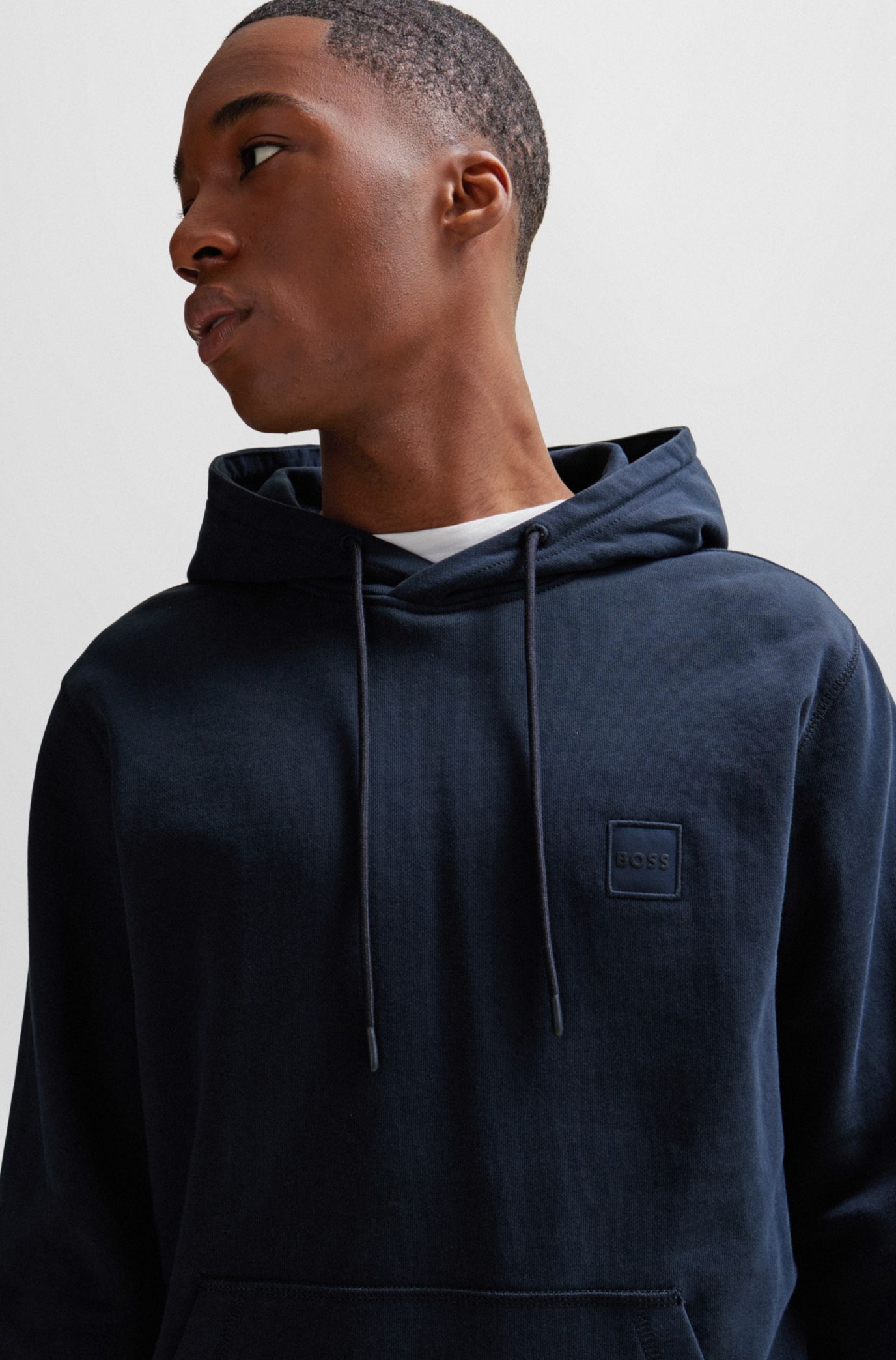 BOSS - Cotton-terry hoodie with logo and signature stripe