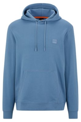 Hugo Boss French-terry-cotton Hooded Sweatshirt With Logo Patch In Light Blue