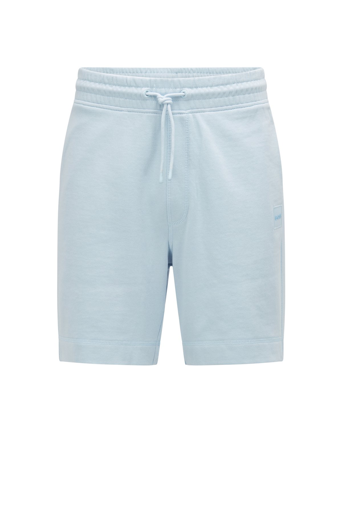 Drawstring shorts in French terry cotton with logo patch, Light Blue