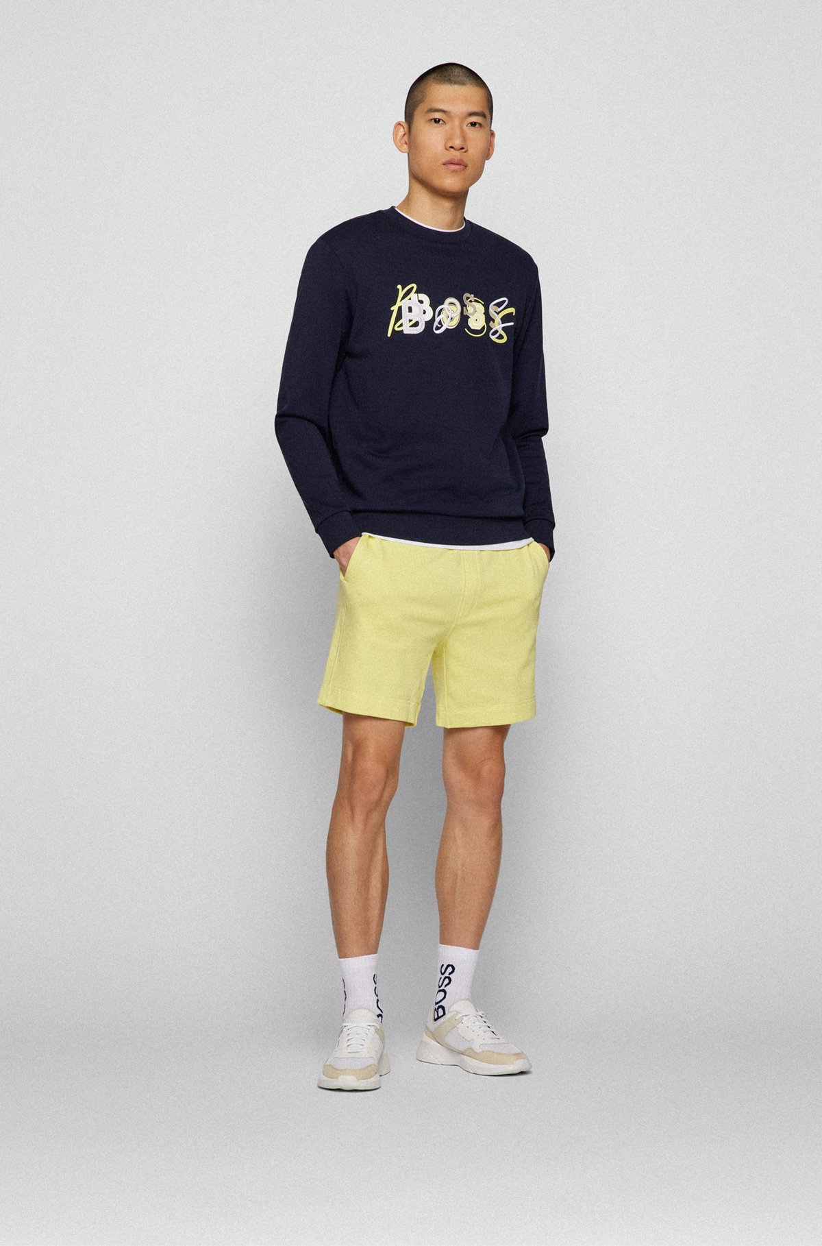 Drawstring shorts in French terry cotton with logo patch, Light Yellow