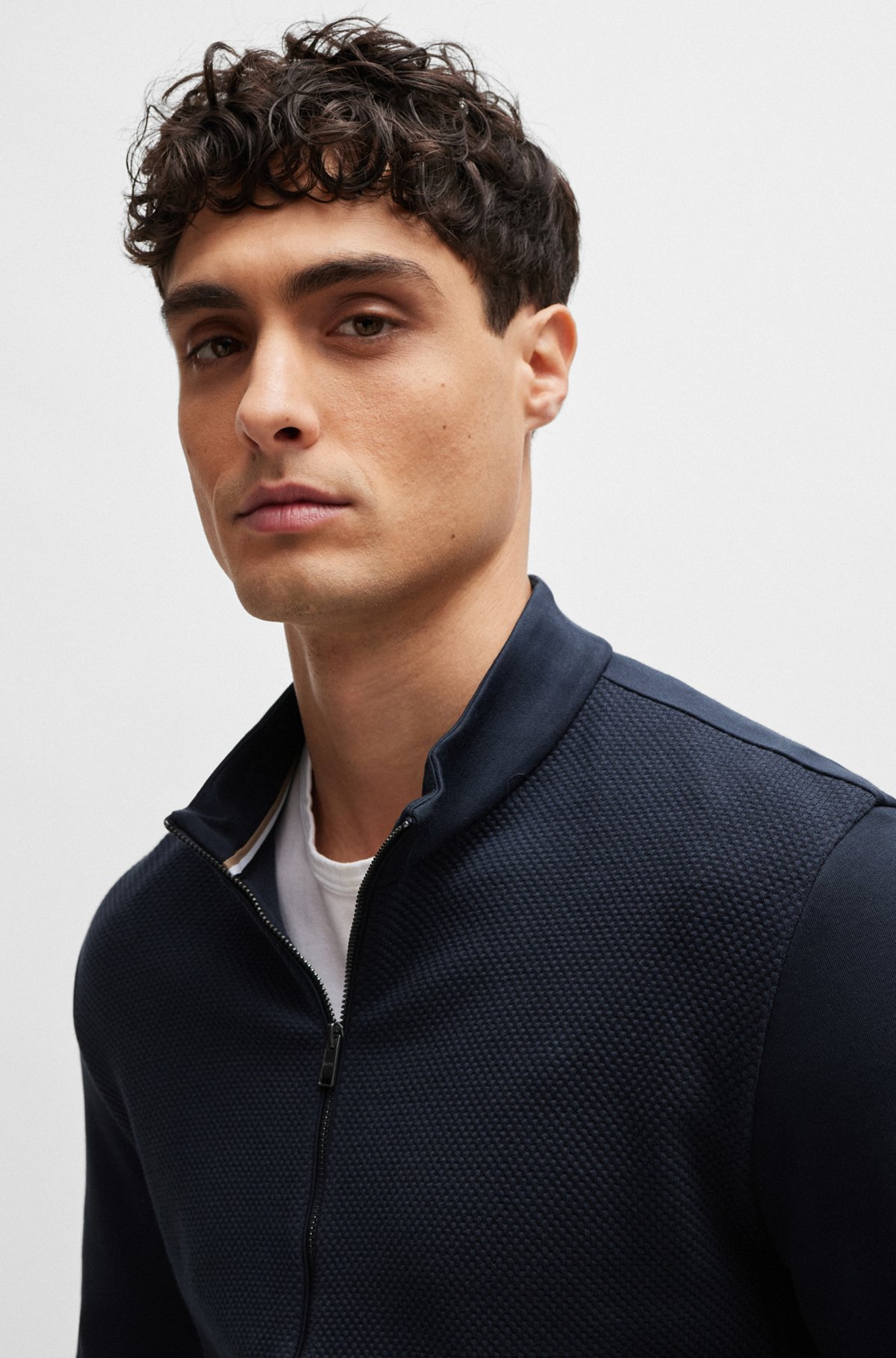Cotton zip-up sweatshirt with structured front, Dark Blue