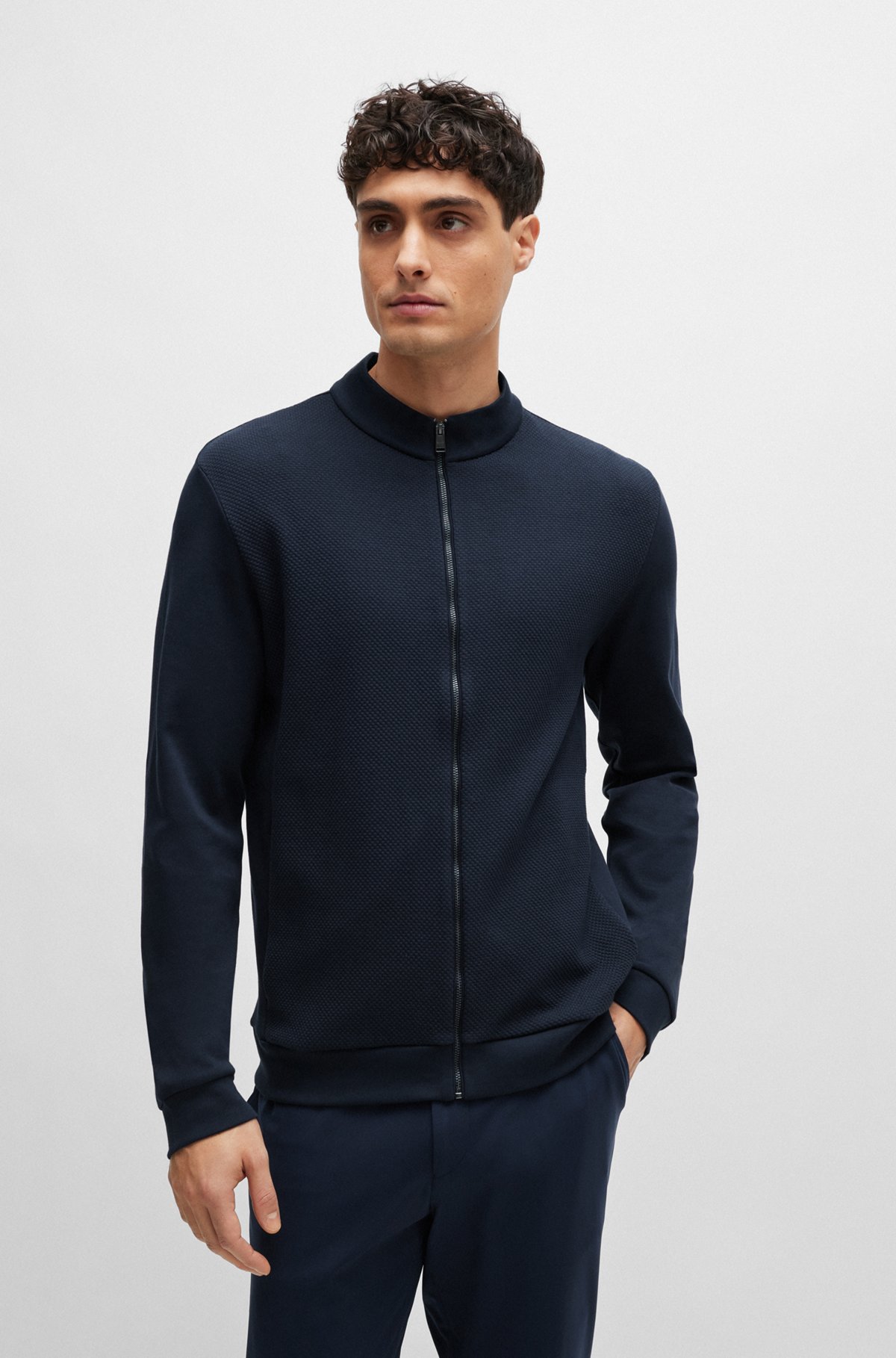 Cotton zip-up sweatshirt with structured front, Dark Blue