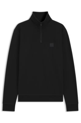Quarter-zip cotton-terry sweatshirt with logo patch, Black