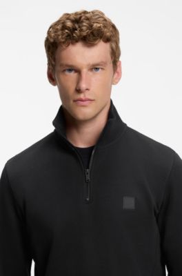 Cotton-terry sweatshirt with zipper collar, Black
