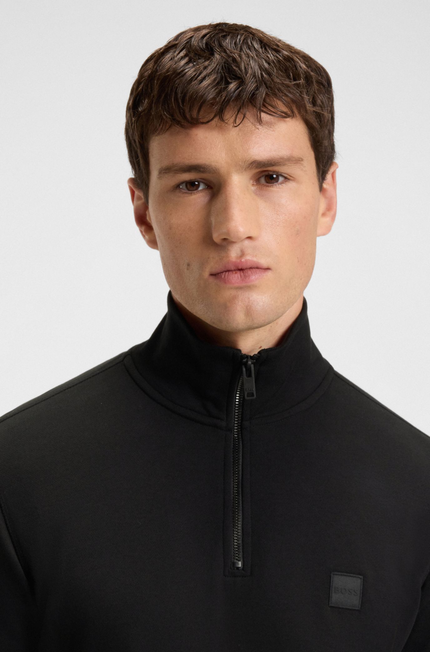 BOSS - Zip-neck sweatshirt in cotton terry with logo patch