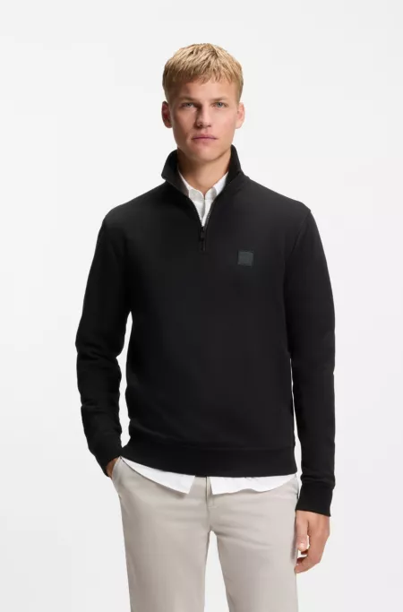 Quarter-zip cotton-terry sweatshirt with logo patch