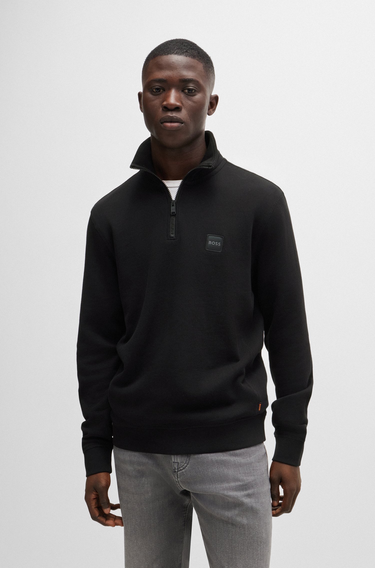 Cotton-terry zip-neck sweatshirt with logo patch
