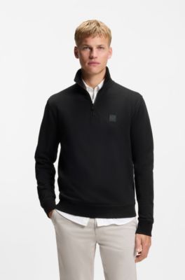 Cotton-terry sweatshirt with zipper collar, Black