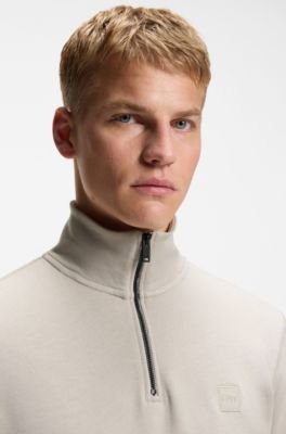 Sudadera de felpa de algod&oacute;n con cuello con cremallera y parche de logo, Gris claro