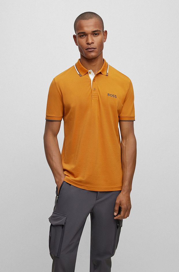 Cotton-blend polo shirt with contrast details, Dark Yellow