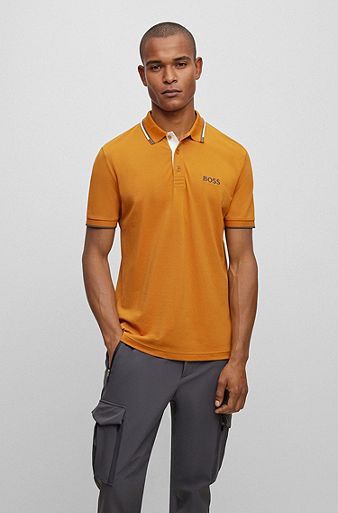 Cotton-blend polo shirt with contrast details, Dark Yellow