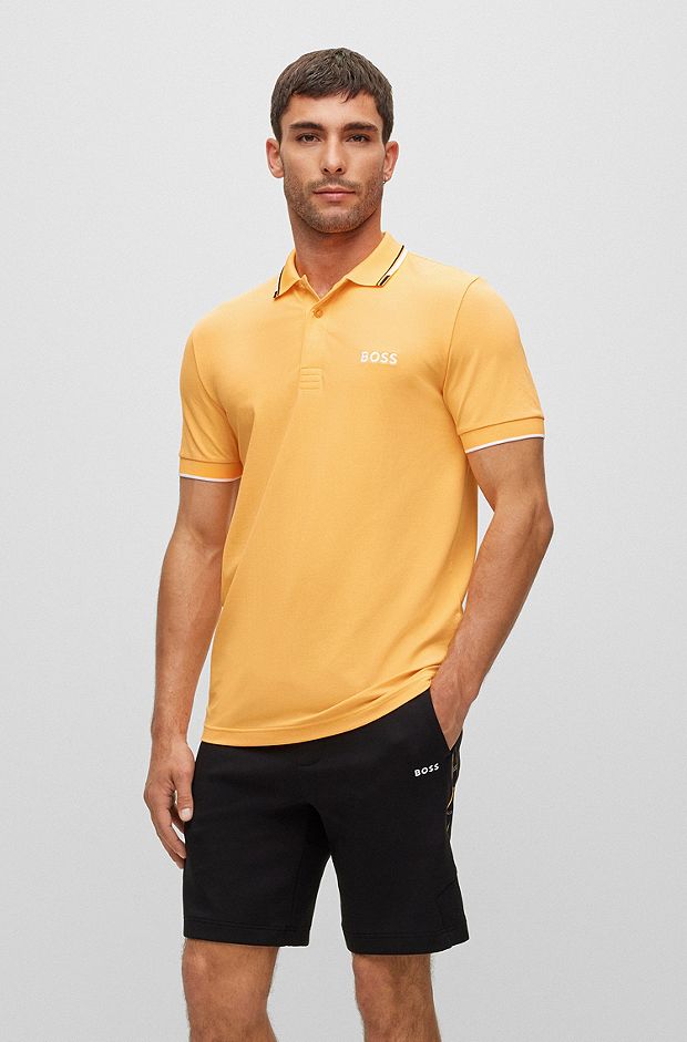 Cotton-blend polo shirt with contrast details, Light Orange