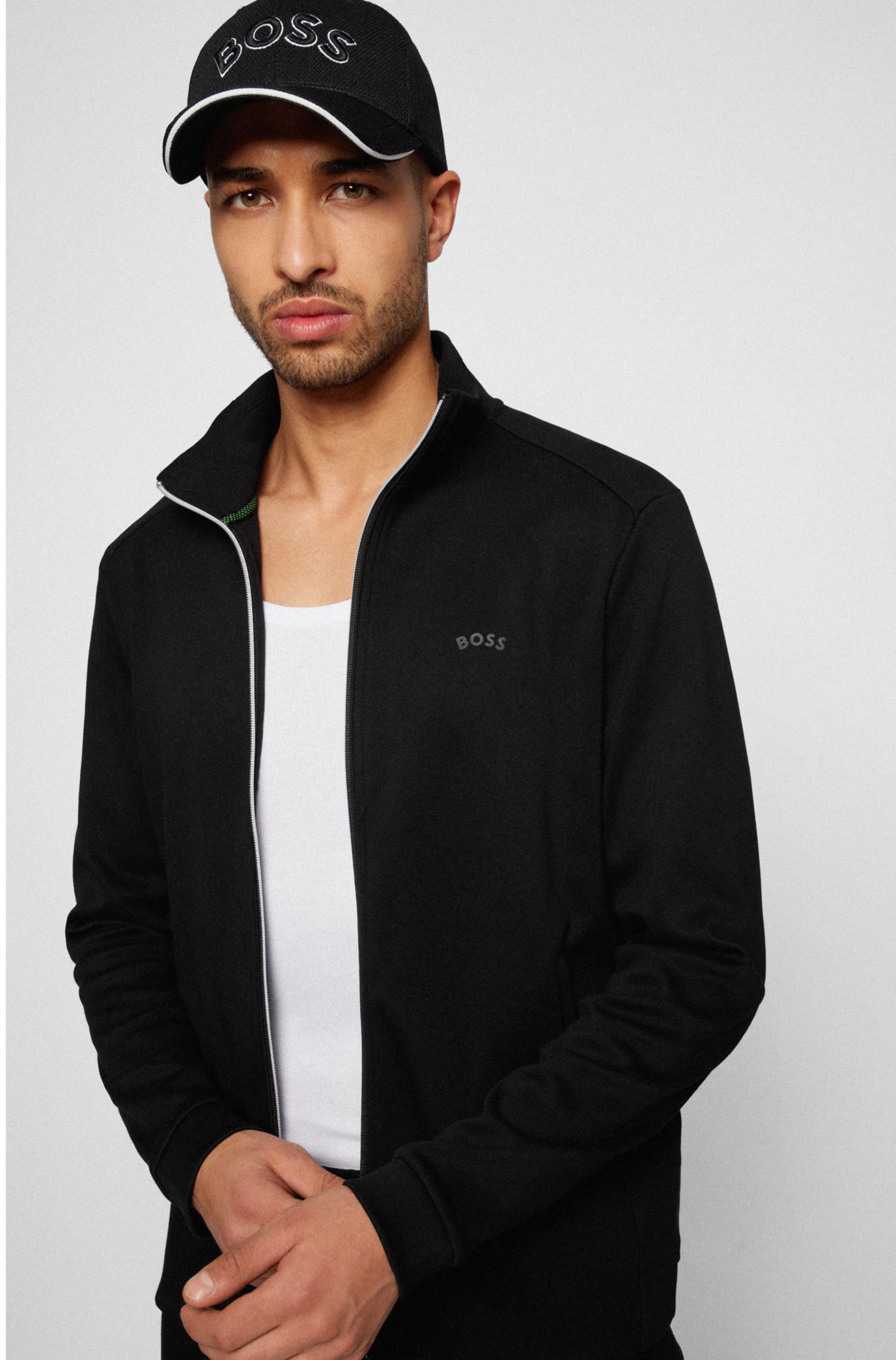 BOSS Interlock cotton zip up sweatshirt with piqu panel