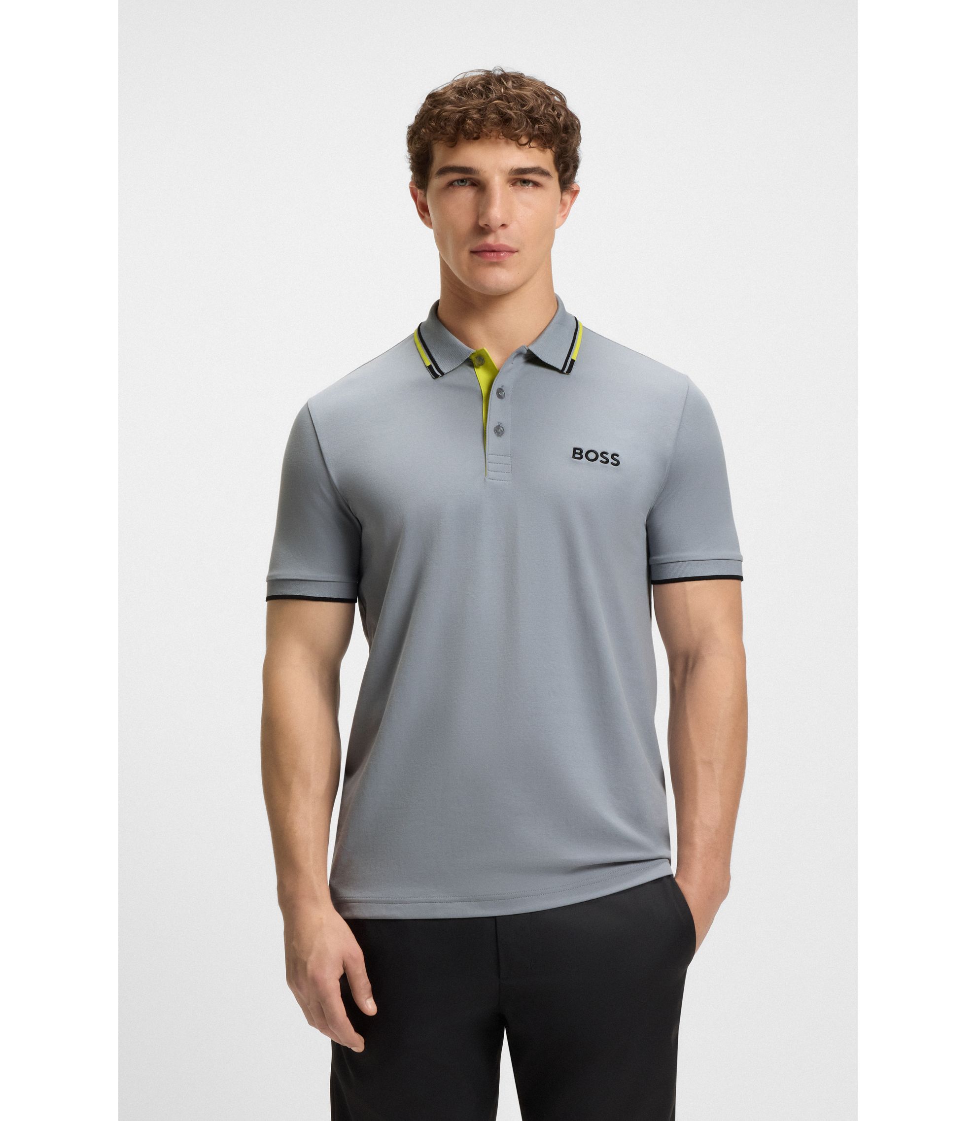 ■Hugo Boss■ Contrast Logo Polo Shirt 50469258101 FW22_5046 BOSS - Contrast-logo polo shirt in a cotton blend - Dark Grey