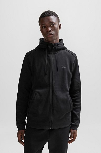 Interlock-cotton zip-up hoodie with piqué panel, Black