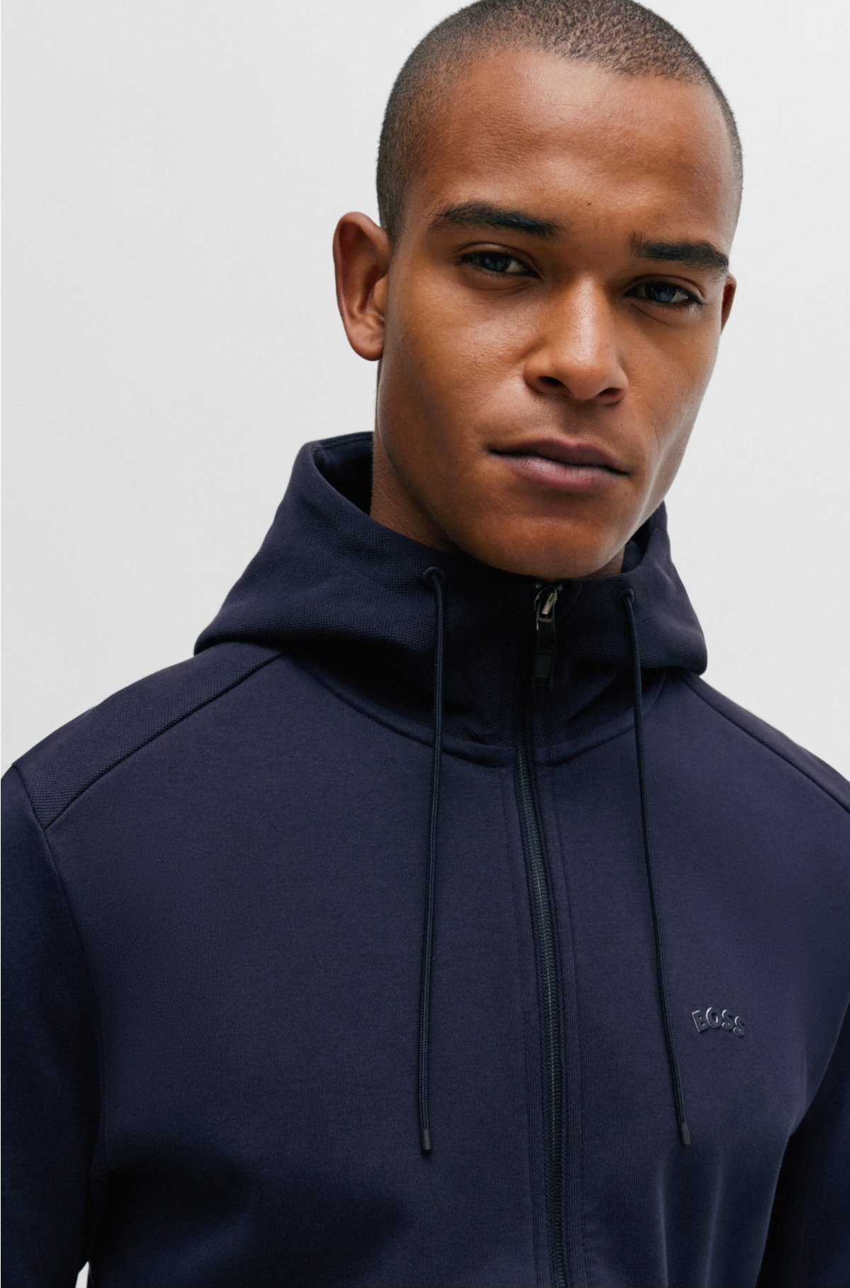 BOSS - Interlock-cotton zip-up hoodie with piqué panel