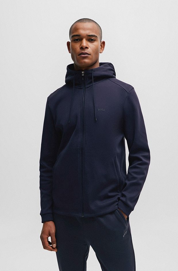 Interlock-cotton zip-up hoodie with piqué panel, Dark Blue