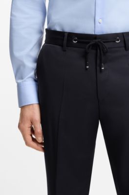 Pantalon Slim en serg&eacute; de laine vierge, Bleu fonc&eacute;