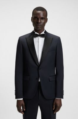 Veste de smoking Slim Fit en serg&eacute; de laine vierge, Bleu fonc&eacute;