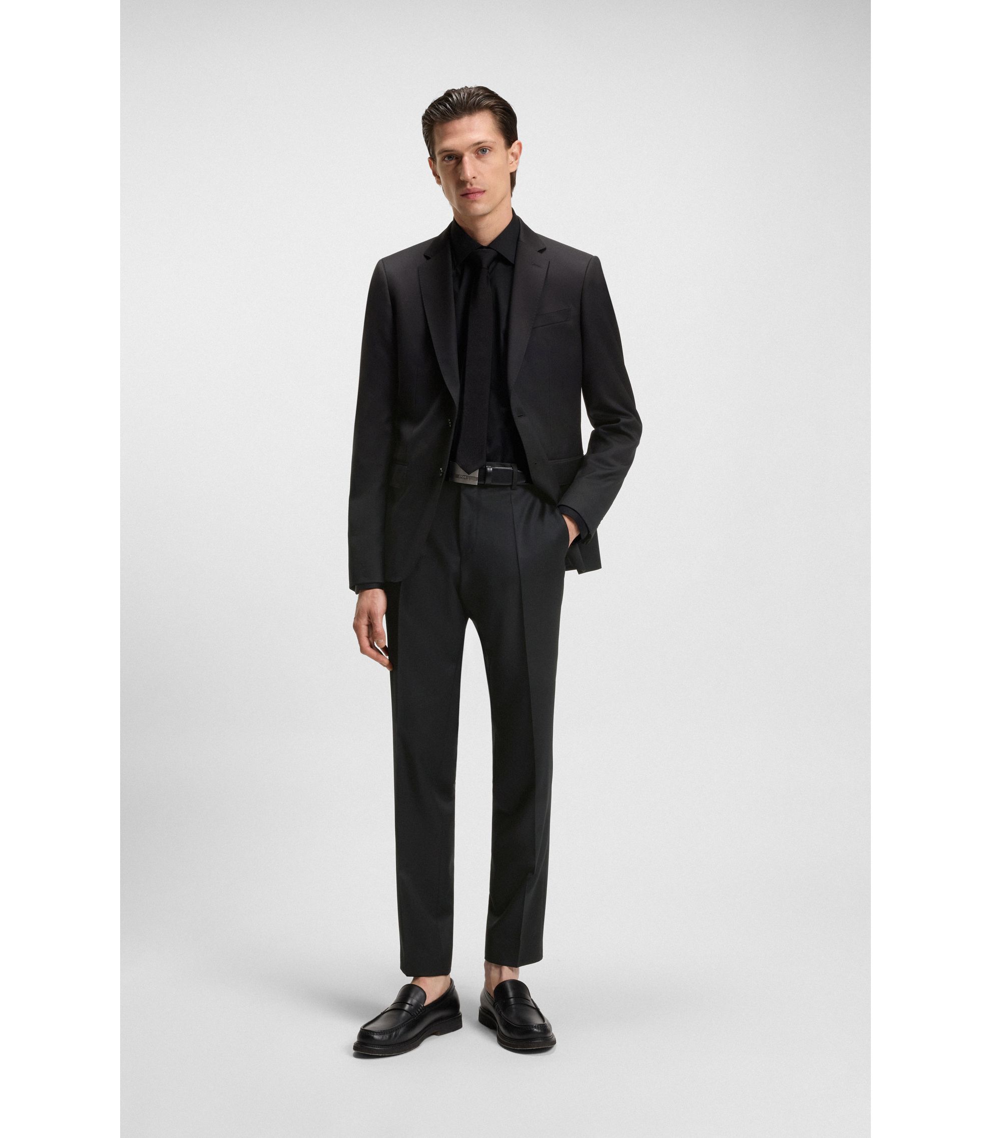 BOSS - BOSS ONE Slim-fit pants in virgin-wool serge - Black