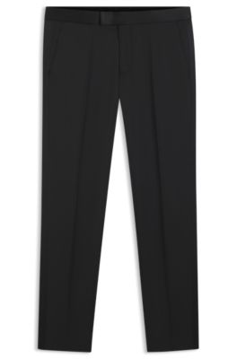 Pantalon de smoking Slim en serg&eacute; de laine vierge, Noir
