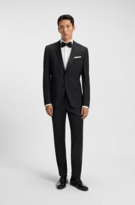 Pantalon de smoking Slim en serg&eacute; de laine vierge, Noir