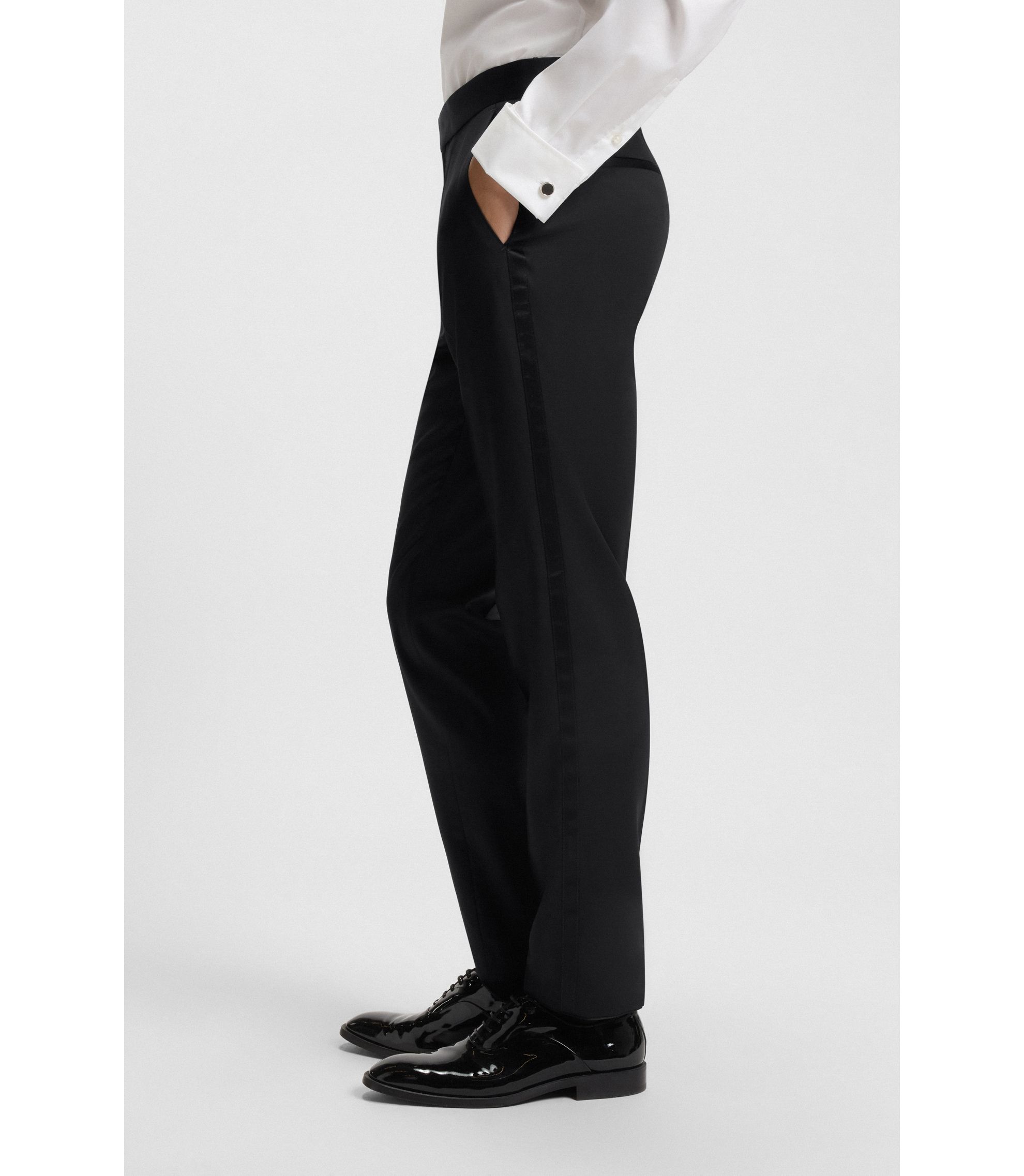 BOSS - BOSS ONE Slim-fit tuxedo pants in virgin wool serge - Black