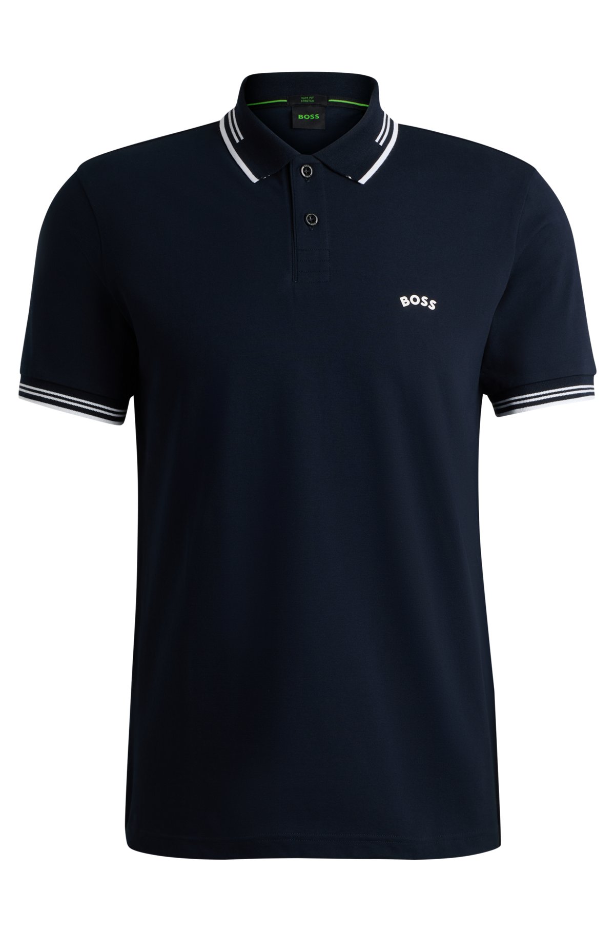 Stretch-cotton slim-fit polo shirt with curved logo, Dark Blue