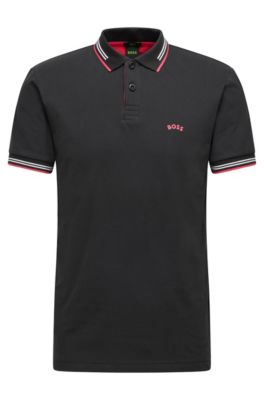 Hugo Boss Curved-logo Slim-fit Polo Shirt In Stretch-cotton Piqu In Black