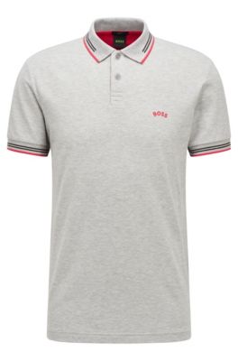 Hugo Boss Curved-logo Slim-fit Polo Shirt In Stretch-cotton Piqu In Light Grey