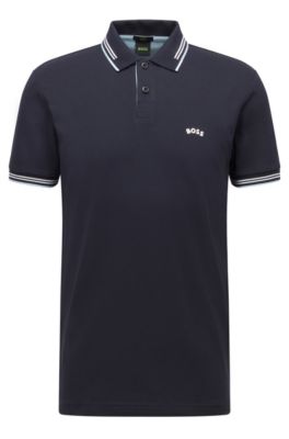 Hugo Boss Curved-logo Slim-fit Polo Shirt In Stretch-cotton Piqu In Dark Blue