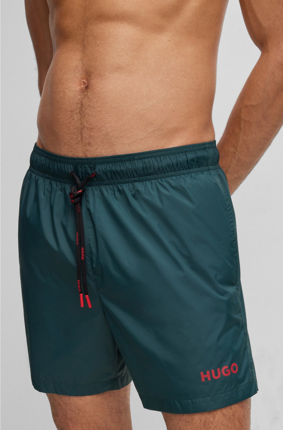 Fully lined quick-dry swim shorts with logo print, Dark Green