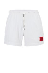 Quick-dry swim shorts with red logo label, White