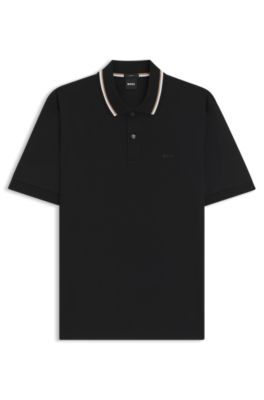 Striped-collar slim-fit polo shirt in cotton with logo, Black