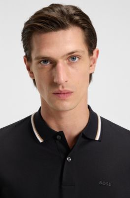 Striped-collar slim-fit polo shirt in cotton with logo, Black